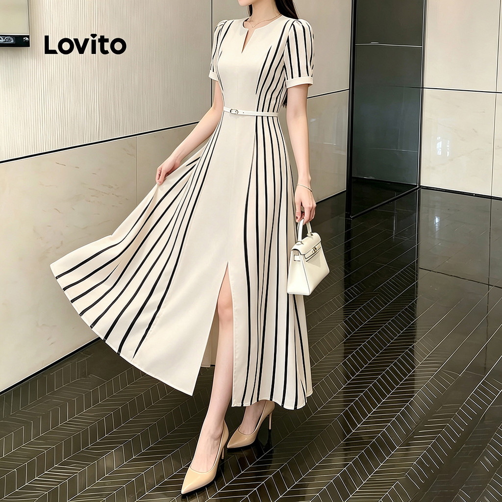 Lovito فستان نسائي مقلّم بسحاب طويل — صورة 5