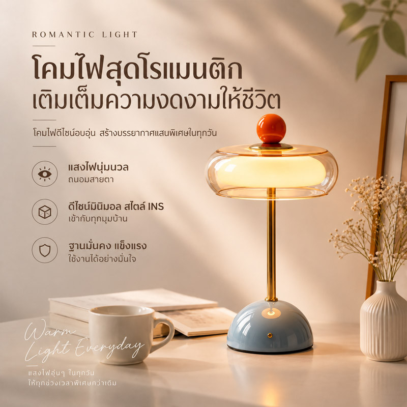 โคมไฟตั้งโต๊ะ สไตล์ฝรั่งเศสวินเทจ แสงนุ่มนวล แก้วโทนครีม ชาร์จไฟได้ สร้างบรรยากาศอบอุ่น เหมาะกับห้องนอน