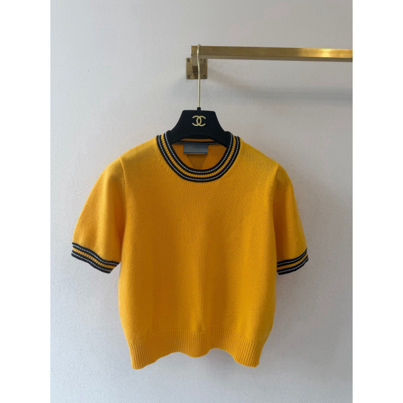 V4BK PA * + ถักรอบคอแขนสั้นสีเหลืองการจับคู่สี Age-Reduction Casual สั้นเสื้อยืดผู้หญิงขนสัตว์แขนสั้