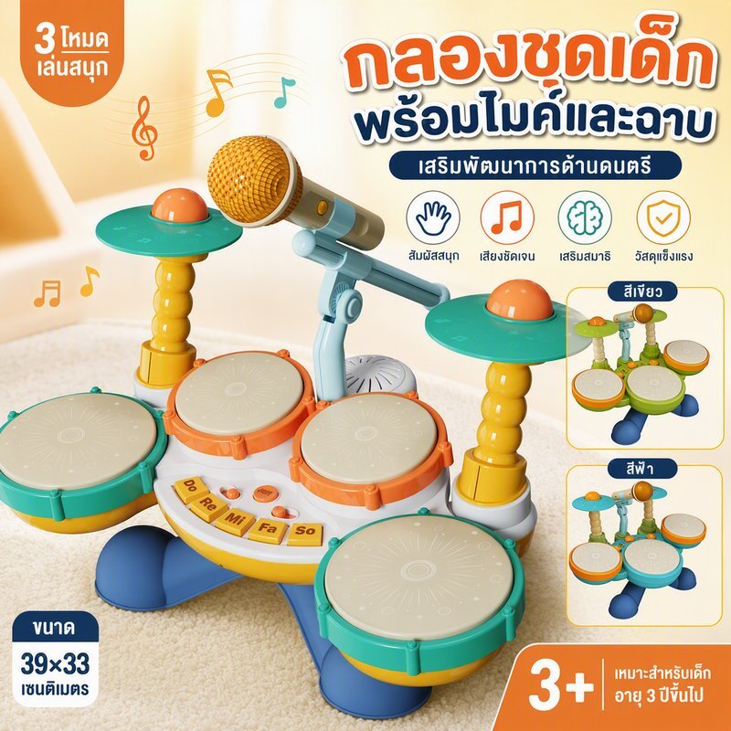 กลองชุดเด็ก ของเล่นดนตรี ไมโครโฟน ไฟ สีสันสดใส เล่นได้หลายโหมด เสียงเพลง สนุก