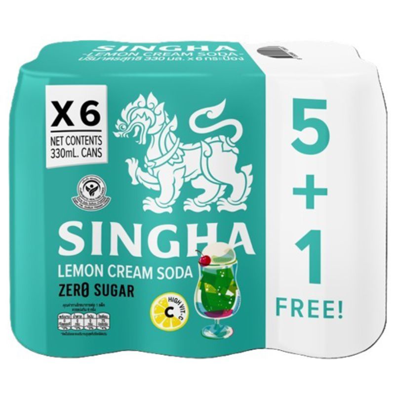 สิงห์ครีมโซดาเลมอน 330มล. แพค5 ฟรี 1 Singha Cream Soda Lemon 330ml. Pack 5 Free1