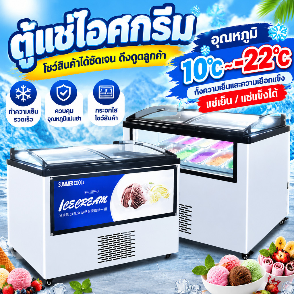 ❄️ตู้แช่เย็น ตู้แช่แข็ง ตู้โชว์ไอศกรีมและของแข็งแช่แข็งแนวราบ ใช้ในร้านค้า แช่ไอศกรีม เกล็ดหิมะ และแท่งน้ำแข็ง 10°~-22°C