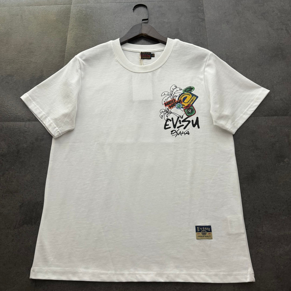 EVISU/God of Fortune/2026 คลาสสิกรอบคอแขนสั้นเสื้อยืดผู้ชายผู้หญิงสไตล์ใหม่ Original Design สีทึบด้า
