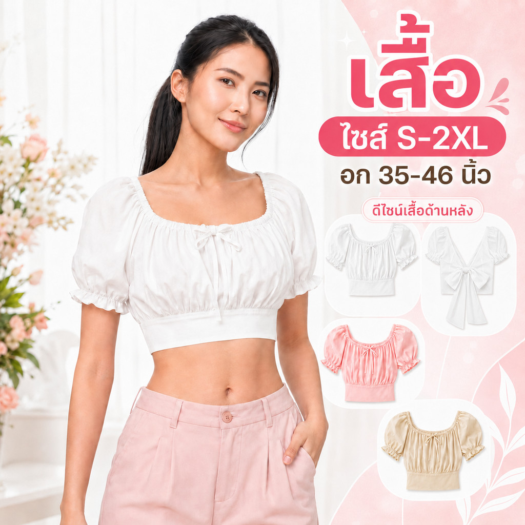 เสื้อครอป แขนตุ๊กตา จูดอกแต่งโบว์ ดีเทลผูกโบว์หลังน่ารักมาก ผ้าคอตตอนใส่นุ่มสบาย