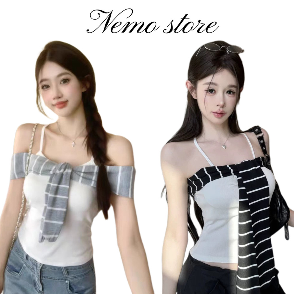 Nemo store🌸#FY66035 เสื้อสายเดี่ยว มินิมอลสไตล์ น่ารักมาก ดีเทลเพิ่มสายผูกอกลายทาง มีฟองน้ำ