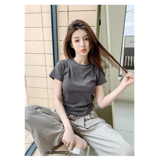 Hotgirl พร้อมส่ง เสื้อยืดผู้หญิง เสื้อแฟชั่น ผ้ายืดรูปทรงสวย น่ารัก ด้านข้างออกแบบจีบ แขนสั้นคอกลม สไตล์ย้อนยุคเกาหลี