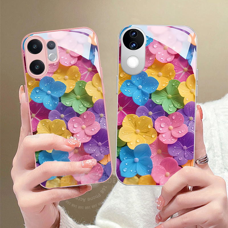 Vivo V60 V50 กรณีที่มีสีสัน Four-leaf Clover Lucky เคสกันกระแทกพร้อมฝาครอบกล้องเลนส์ Protector หรูหรา Liquid Glass เคสโทรศัพท์สําหรับสาวเลดี้ผู้หญิง