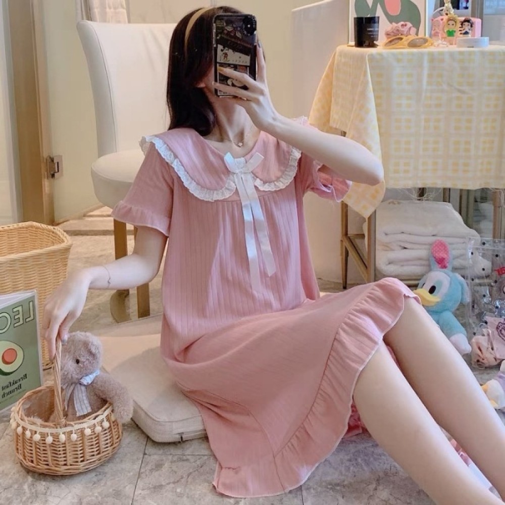 Women พร้อมส่ง ชุดนอนกระโปรงคอตตอน สไตล์เกาหลี น่ารักใช่ ✨calibri_19.th✨
