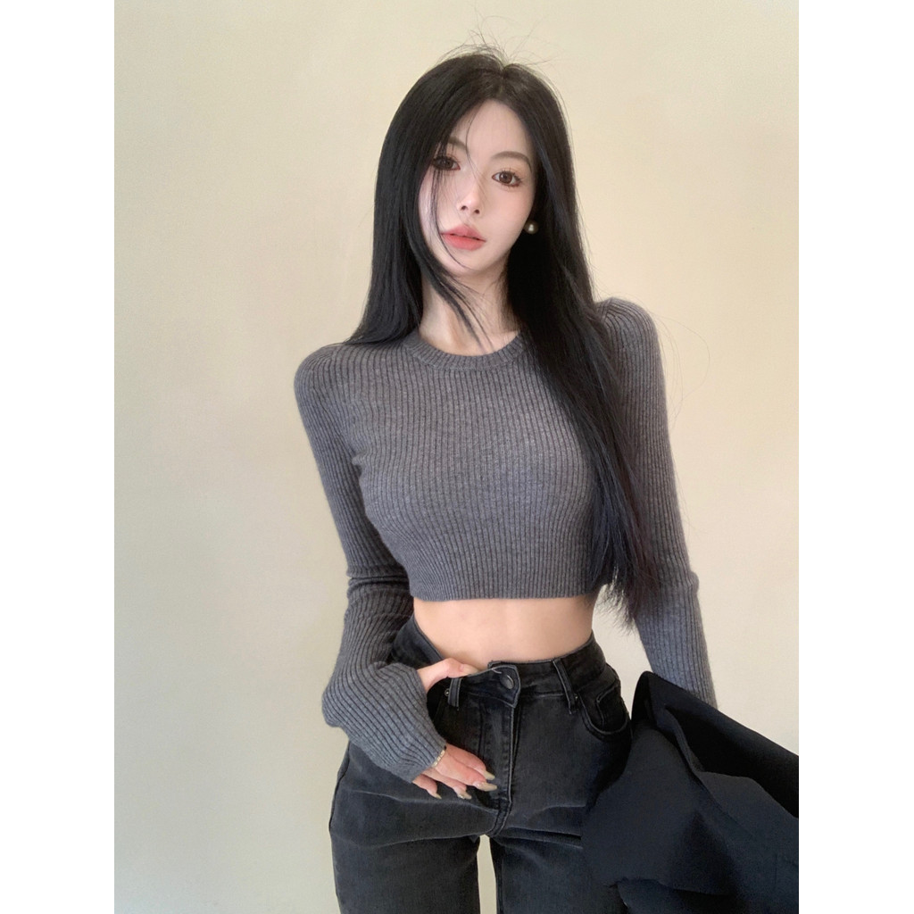 Western สไตล์ Casual All-Match รอบคอสั้นถัก 2025 ฤดูใบไม้ผลิฤดูใบไม้ร่วงฤดูหนาวสไตล์ Bottoming สวมใส