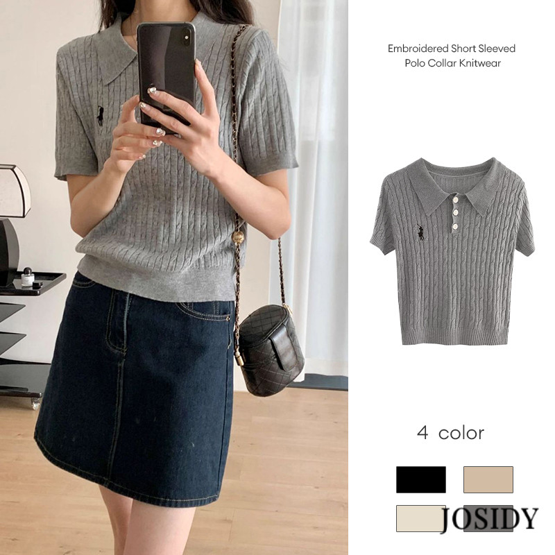 JD เสื้อถักคอปกโปโลปักแขนสั้นย้อนยุคสําหรับผู้หญิง