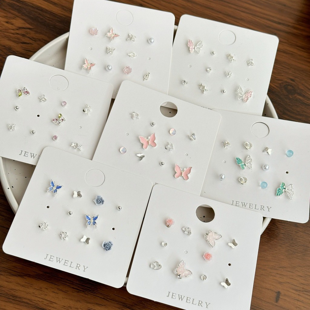 ต่างหูชุดคอลเลกชันโลหะผสม ดีไซน์น่ารัก เข็มเงินขนาดเล็ก