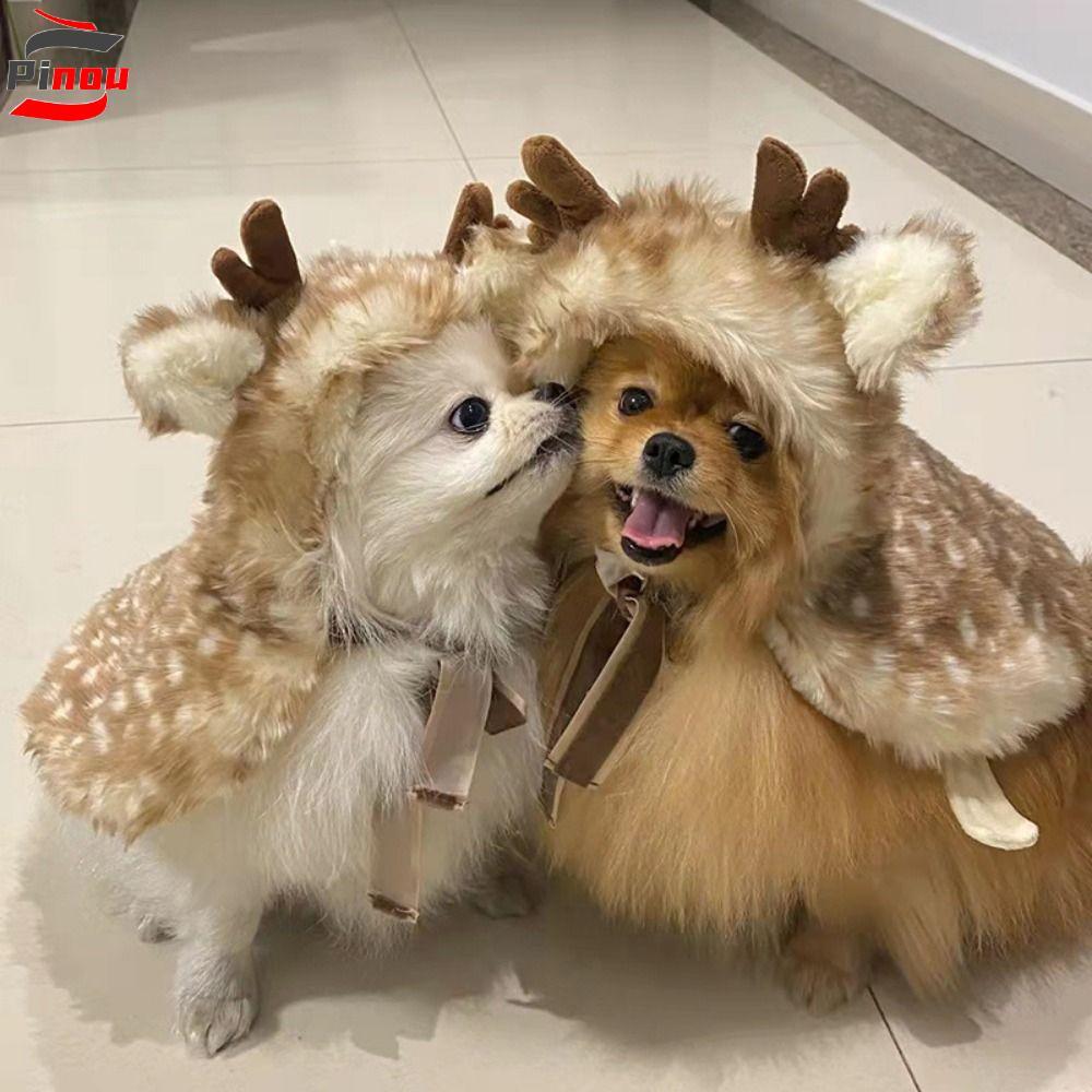 PINOU Cat Elk Cloak, ตกแต่ง Plush Elk สุนัขผ้าคลุมไหล่, Puppy Xmas Cloak Warm Soft กับ Antlers หมวกค