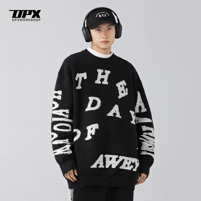 DPX ตัวอักษรพิมพ์เต็มรูปแบบเสื้อกันหนาวผู้ชายฤดูใบไม้ร่วงฤดูหนาว Street สวมใส่ ins คู่หลวม OVERSIZE 