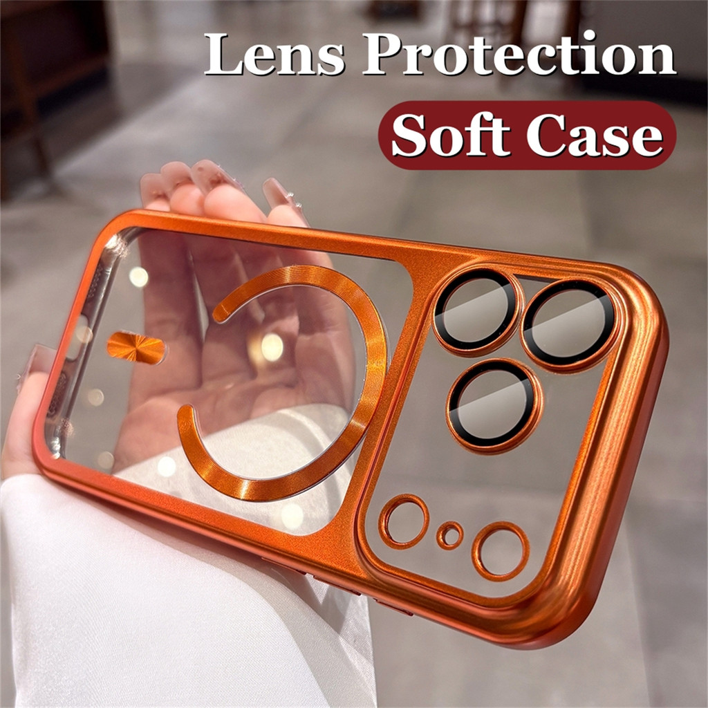 หรูหรา 6d ชุบ Cosmic สีส้มแม่เหล็กเคสโทรศัพท์สําหรับ IPhone 17 Pro Max 17 Pro Soft Tpu ปลอกเลนส์ป้อง