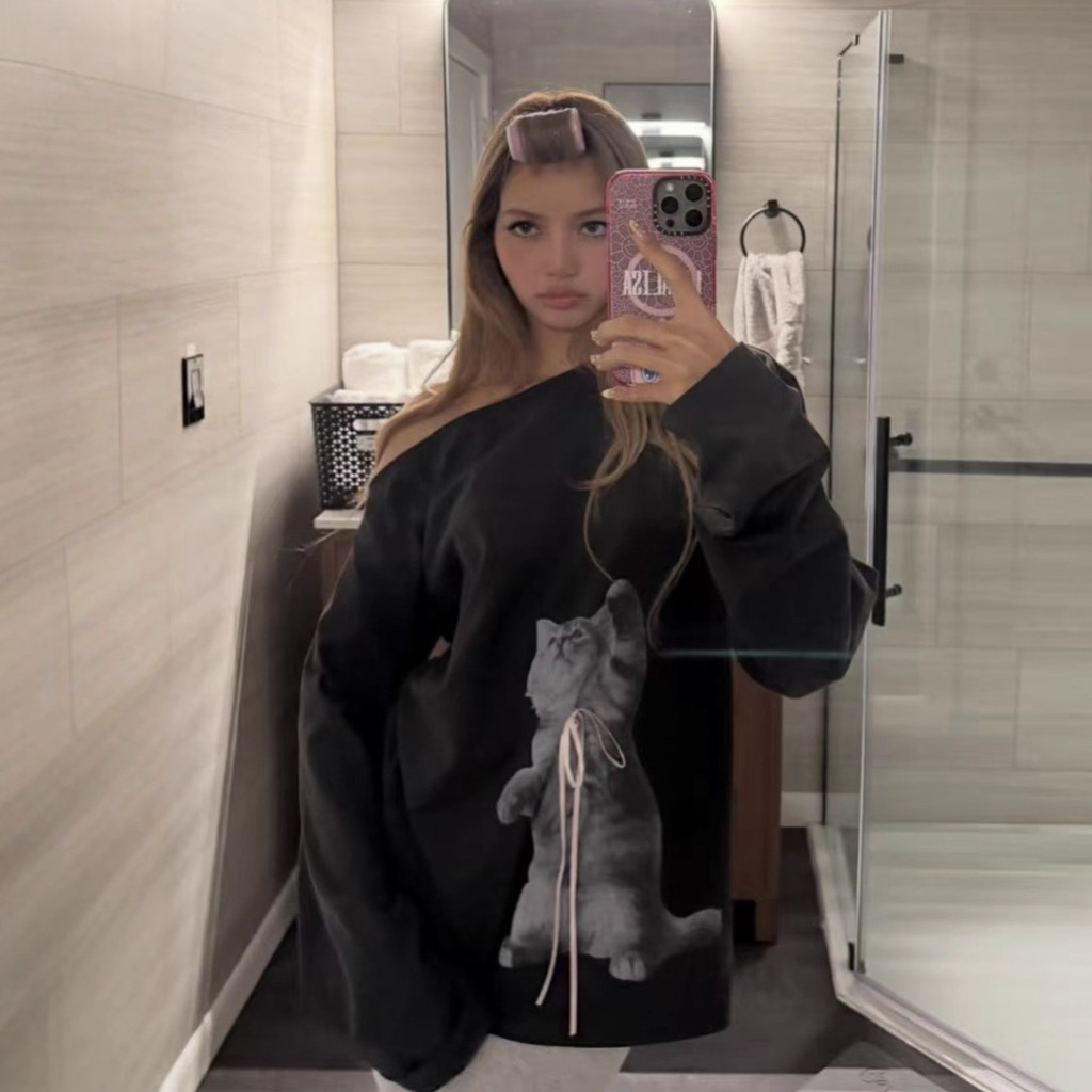 7WAM lisa Liu Wen Same Style Niche Design Cat Print Three-Dimensional Ribbon Off-Shoulder Long Sleev