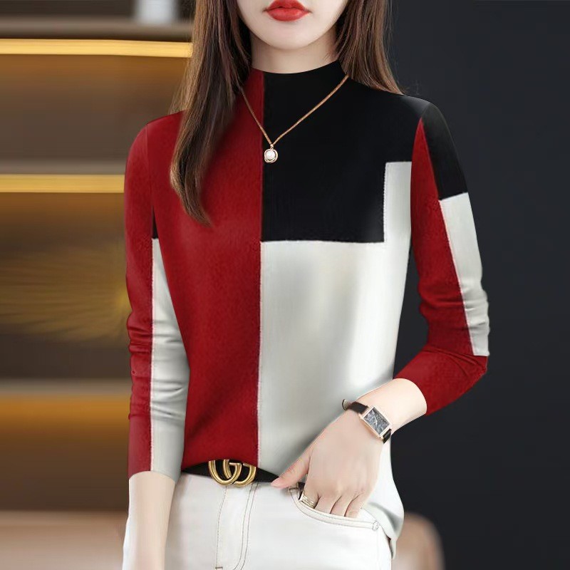 เสื้อยืดสตรีแขนยาว คอสูง ปกท้องบางครึ่ง เหมาะสำหรับฤดูใบไม้ผลิและฤดูใบไม้ร่วล