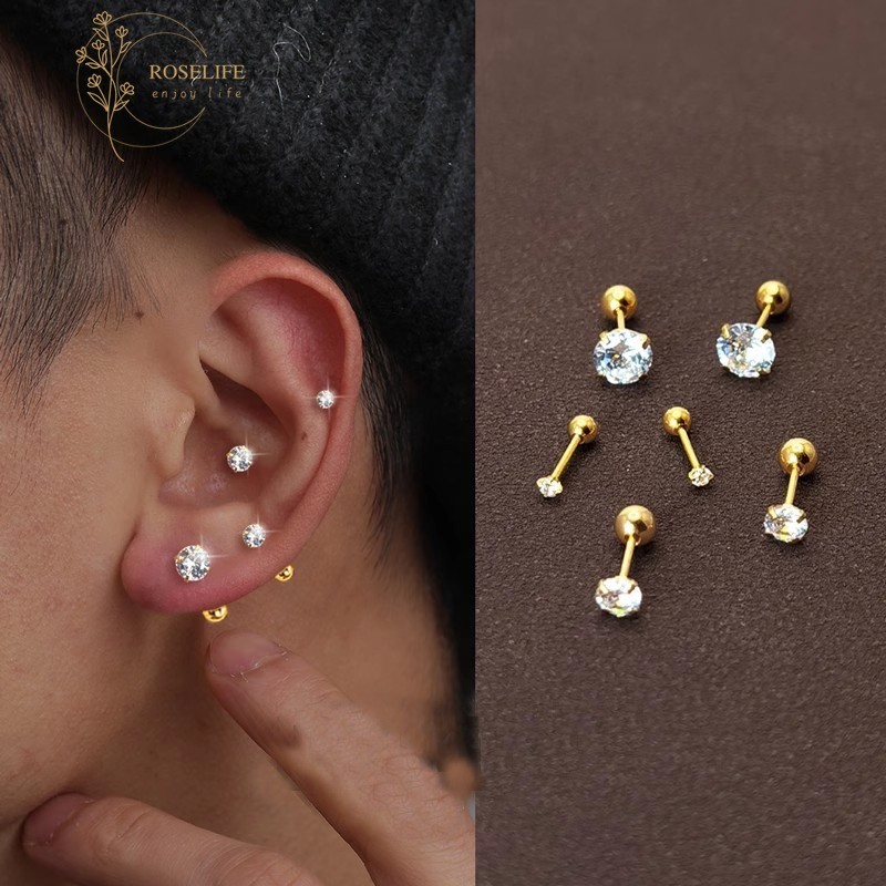 ต่างหู 14k ทองสกรูบอล Shining Zircon สไตล์ chic สำหรับทุกเพศ