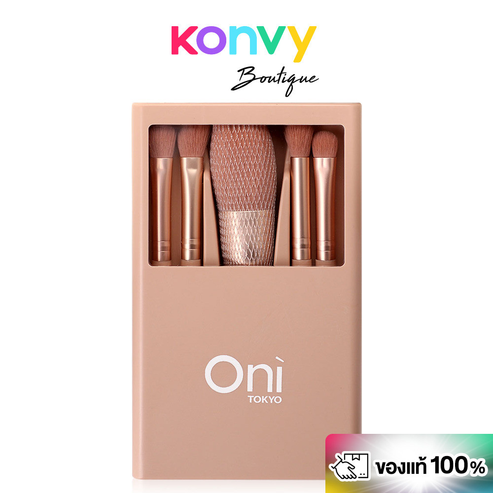 Oni Macaron Portable Makeup Brush Set With Mirror 5pcs  เซทแปรงแต่งหน้าพกพาโอนิ 5 ชิ้น (Peach Pink/Sakura Pink)
