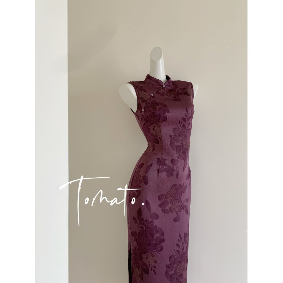 สีม่วงสไตล์จีนใหม่ Hong Kong Worker Cheongsam Royal Sister Classy แขนกุด Slimmer ดูซาตินสีม่วงอย่างแ