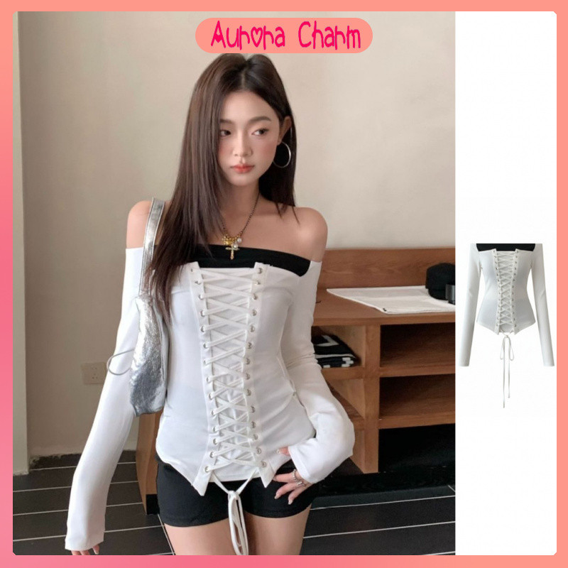 Aurora Charm เสื้อคอร์เซ็ทปาดไหล่แขนยาว ร้อยเชือกหน้า สไตล์เกาหลี เซ็กซี่ Y2K