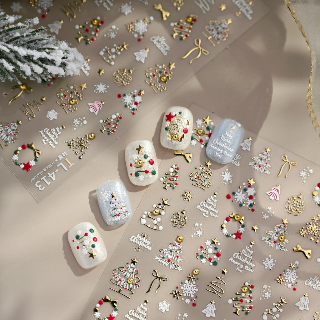 TENSOR Christmas Tree Snowflake Nails Sticker TL279 Sweet Gilding นูน Garland Bow Nail Sticker