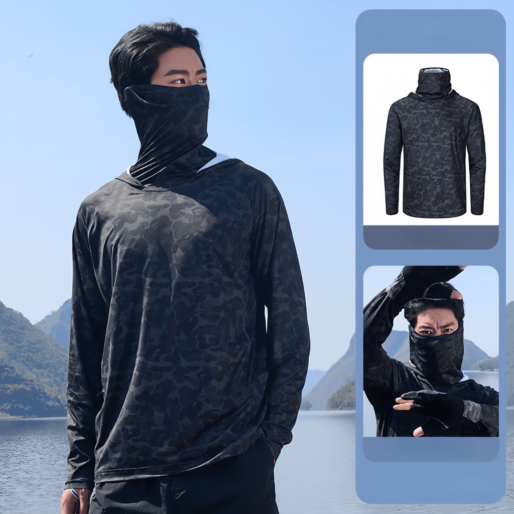 เสื้อฮู้ดตกปลาลายพรางกันแดดสําหรับผู้ชาย – น้ําหนักเบาและโปร่ง, ยูวี-ล็อค, สวมใส่ล่อแขนยาว