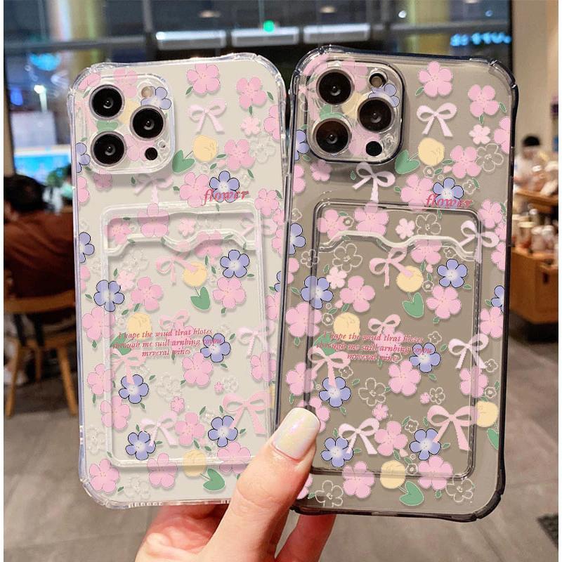 Samsung Galaxy Soft Case ATM Card Slot ID ดอกไม้รูปแบบสีชมพู Anti Clear สําหรับ Realme Note 60 60x 5