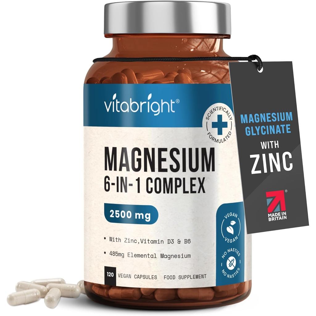 VitaBright Magnesium Glycinate Complex 6-in-1 | 2500มก.~485มก. องค์ประกอบ | หมวกแก๊ป 120 ใบ | Glycin