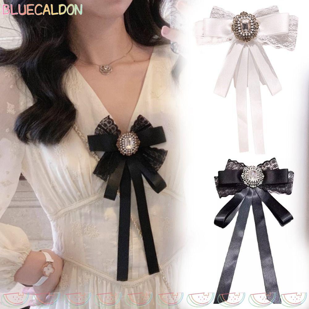 เข็มกลัดโบว์สีดำ เพชรสังเคราะห์และผ้าลูกไม้ สำหรับตกแต่งเสื้อโค้ท