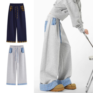 กางเกงกีฬาลำลองผู้ชาย ลายสก๊อตย้อนยุคและpatchwork ทรงหลวม สไ…