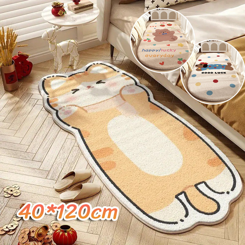 พรมข้างเตียง 40*120cm ผ้าวูลเลียน พรมห้องนอน แมวการ์ตูนน่ารักเล็ก ๆ ทนต่อสิ่งสกปรกและป้องกันฝุ่น