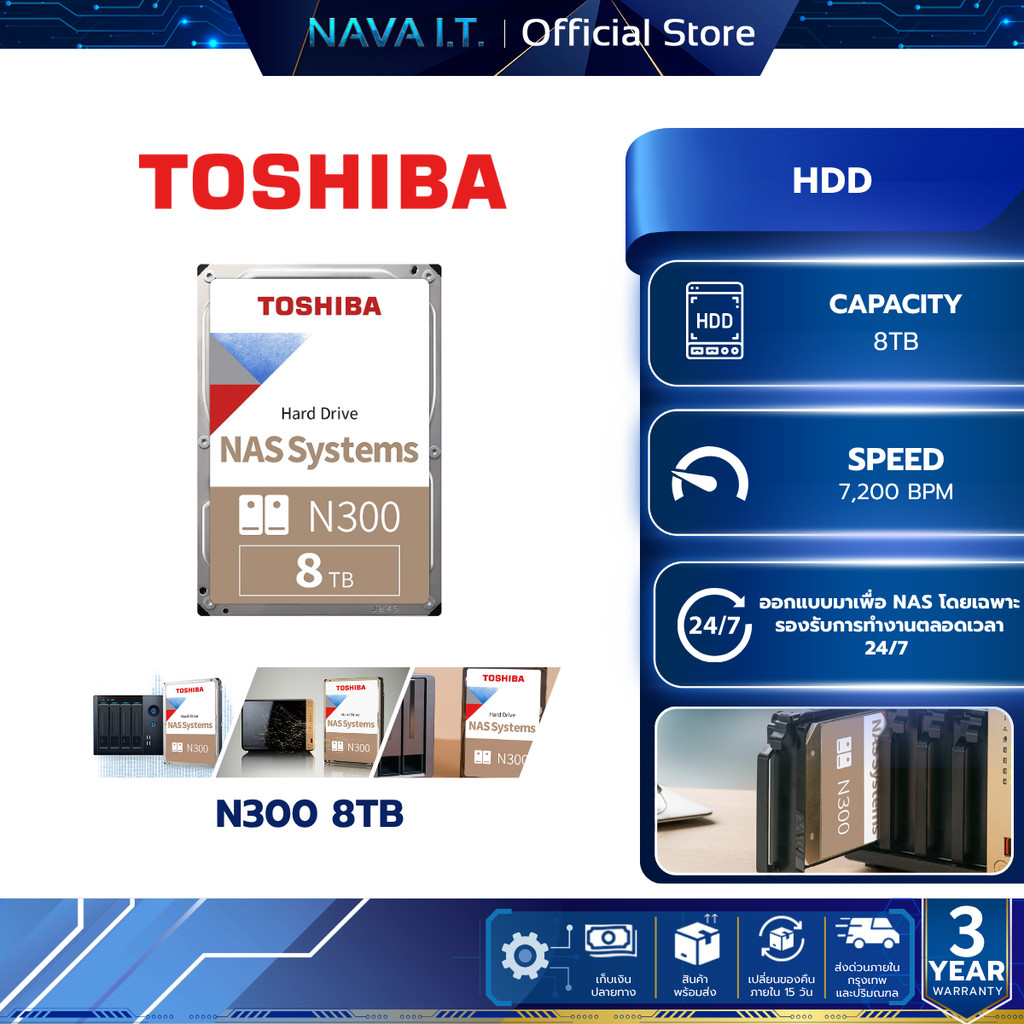 TOSHIBA HDD (ฮาร์ดดิส) N300 8TB SATA III 7200rpm (HDWG780UZSVA) WARRANTY 3 YEAR