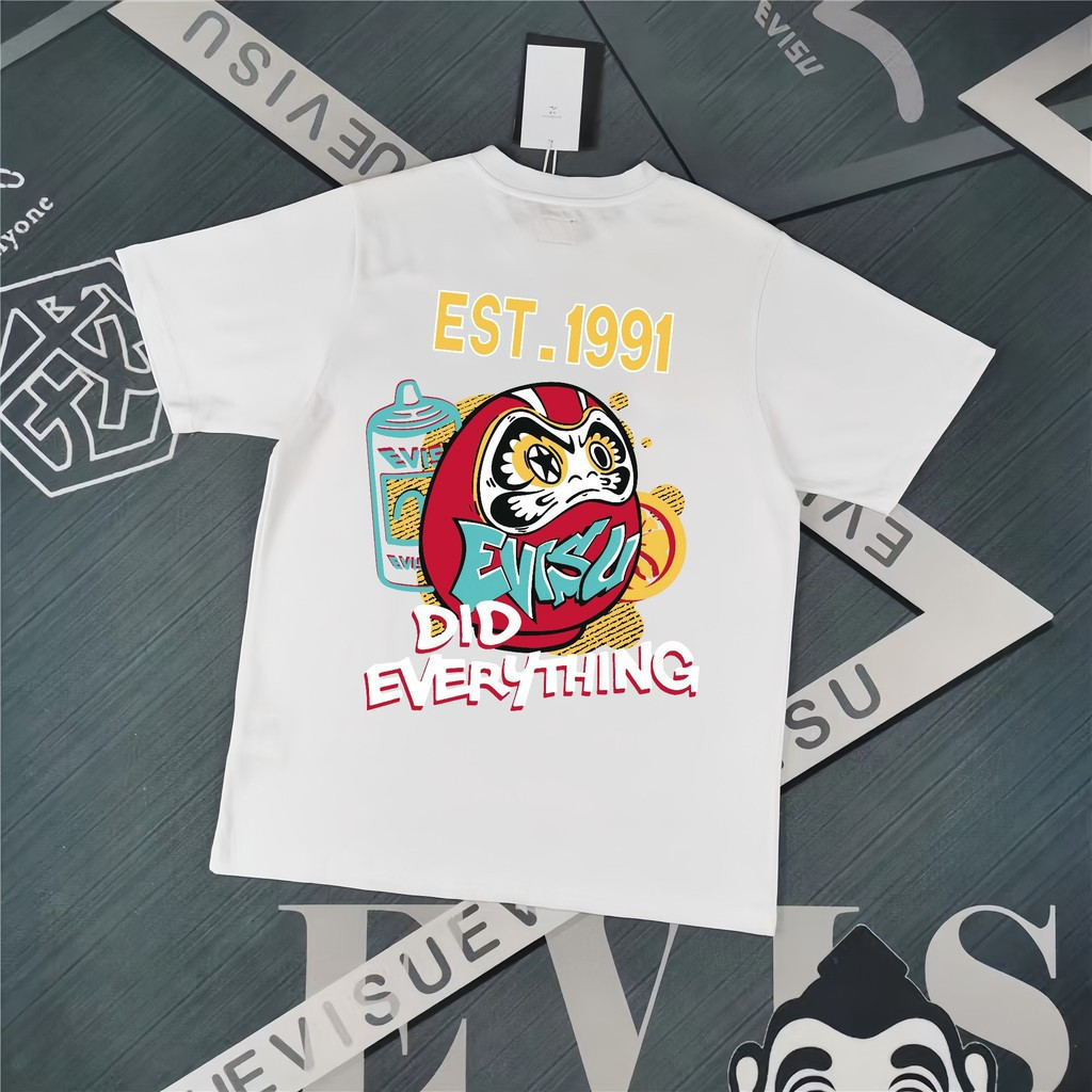 EVISU/God of Fortune 2026 ขนาดใหญ่ 6XL Star คลาสสิกรอบคอแขนสั้นเสื้อยืดผู้ชายผู้หญิงสไตล์ฐานการจับคู