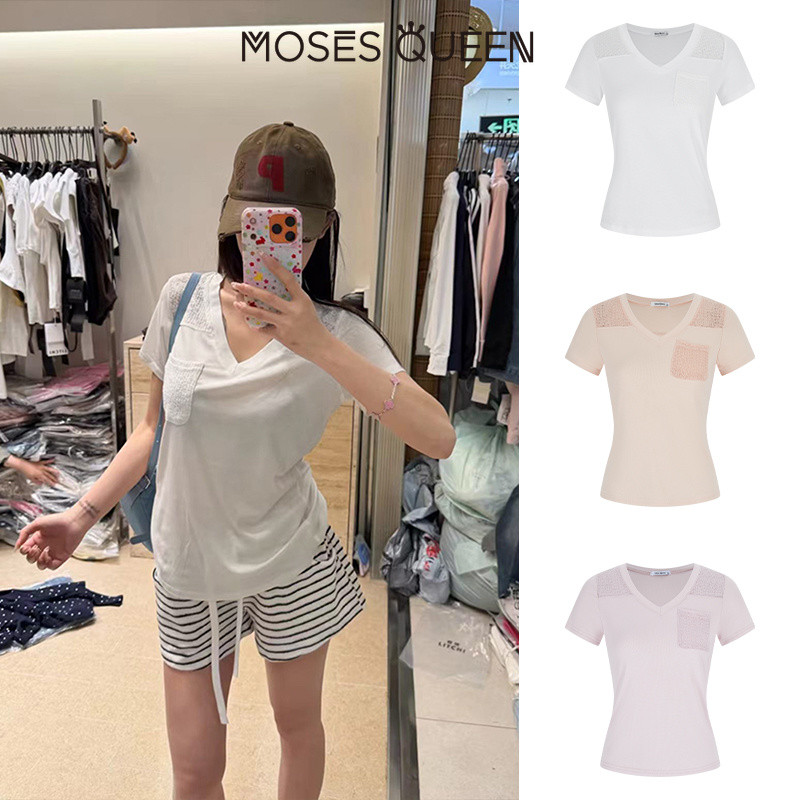 MOSESQUEEN تيشيرت نسائي بياقة V باتشوورك — صورة 5