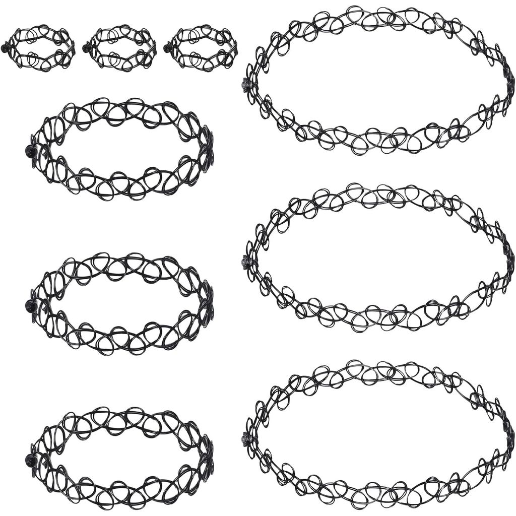 90S Tattoo Choker, 9 ชิ้น 90 S Tattoo Choker สร้อยคอ,สร้อยข้อมือและแหวนชุด,สีดํายืด Gothic Chokers ป