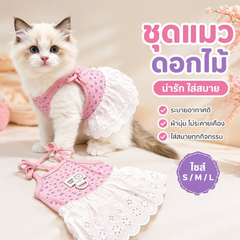 เดรสแมว ชุดแมว ลูกไม้เกาหลี เสื้อผ้าแมว หน้าร้อน ระบายอากาศ นุ่มเบา สายผูกไหล่ S M L