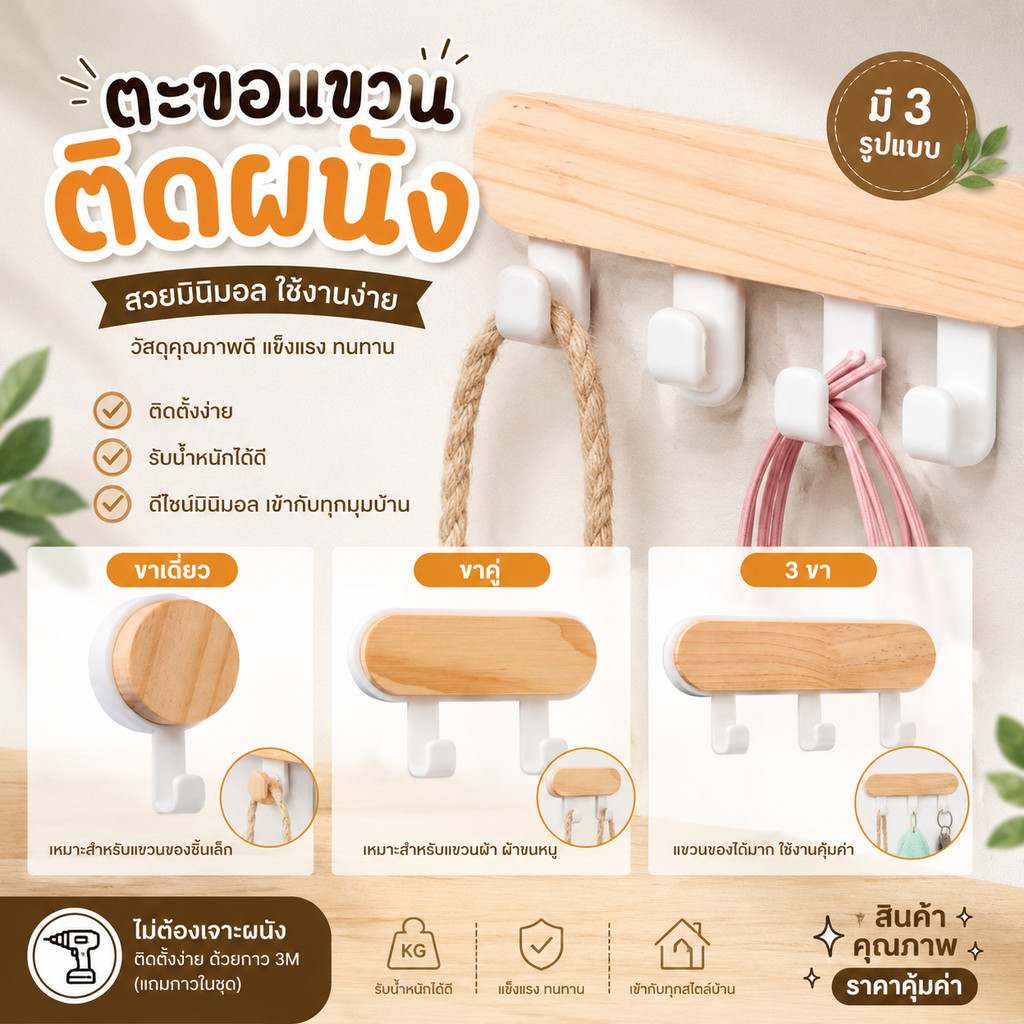 ตะขออเนกประสงค์ แขวน ไม่ต้องเจาะ ทนทาน ตกแต่งด้วนลายไม้ ติดง่ายเพียงลอกกาว มีให้เลือก3รูปแบบ