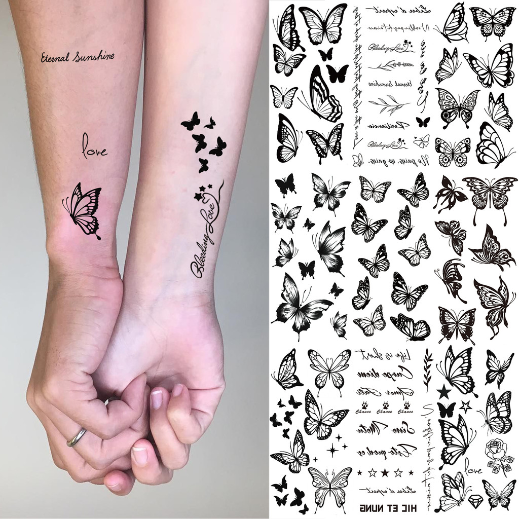 1Sheep สีดําผีเสื้อรอยสักชั่วคราวสําหรับผู้หญิงผู้ใหญ่ปลอม Water Transfer Letter Tattoo สติกเกอร์คอม