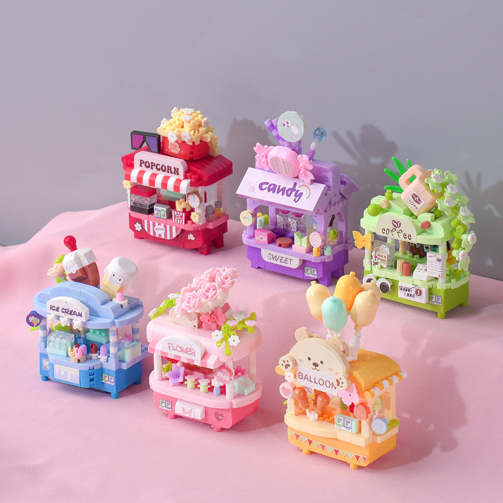 Creative Night Market Shop Building Block ร้านดอกไม้ Street View Building สาวตู้หนังสือตกแต่งของขวัญ