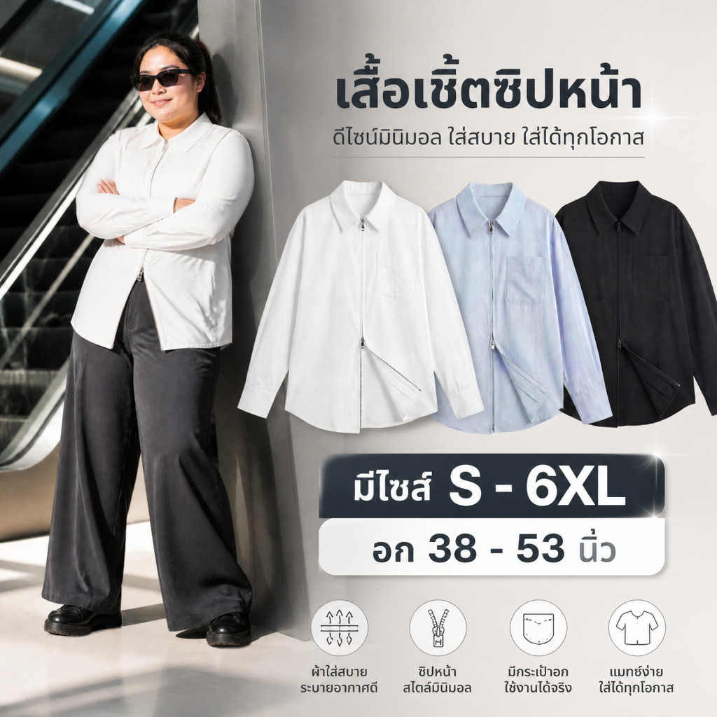 เสื้อเชิ้ตแขนยาวแต่งซิปคู่ รูดบน-ล่างได้ มีไซส์ S-6XL คอปก ทรงโอเวอร์ไซส์ ใส่ได้ทั้งสาวอวบและหุ่นทั่วไป
