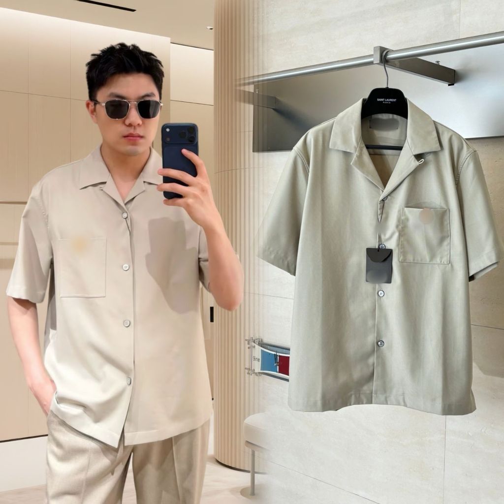 SRA6 L1s-v #Shirt ฤดูร้อนรูปแบบใหม่ป้ายหนังโลโก้เสื้อคอปกคิวบาแขนสั้นสไตล์เดียวกัน