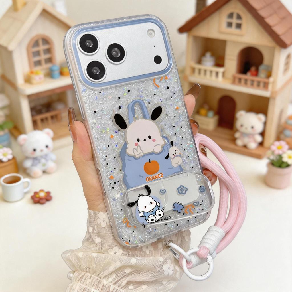 เคสไอโฟน ลายสุนัขหูยาวกลิตเตอร์ กันกระแทก สายคล้องชมพู iPhone11 13 15 17ProMax พร้อมส่งLRIMDSF8