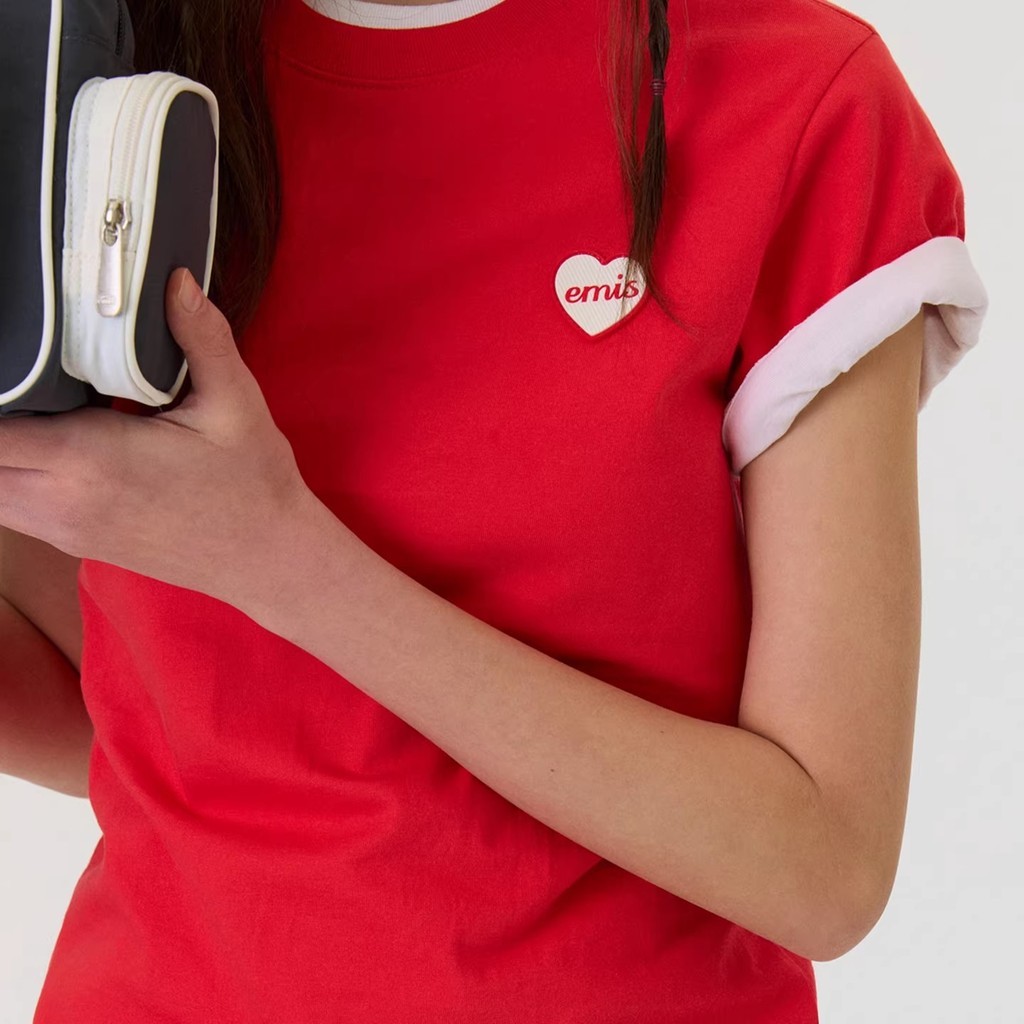 Emis short sleeved Womens heart-shaped rubber patch T-shirt loose top round neck pure cotton base fo