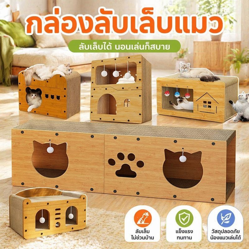 กล่องลับเล็บแมว อุโมงค์แมว 2 ชั้น บ้านแมว ของเล่นแมว กระดาษลูกฟูก แข็งแรง ประกอบง่าย