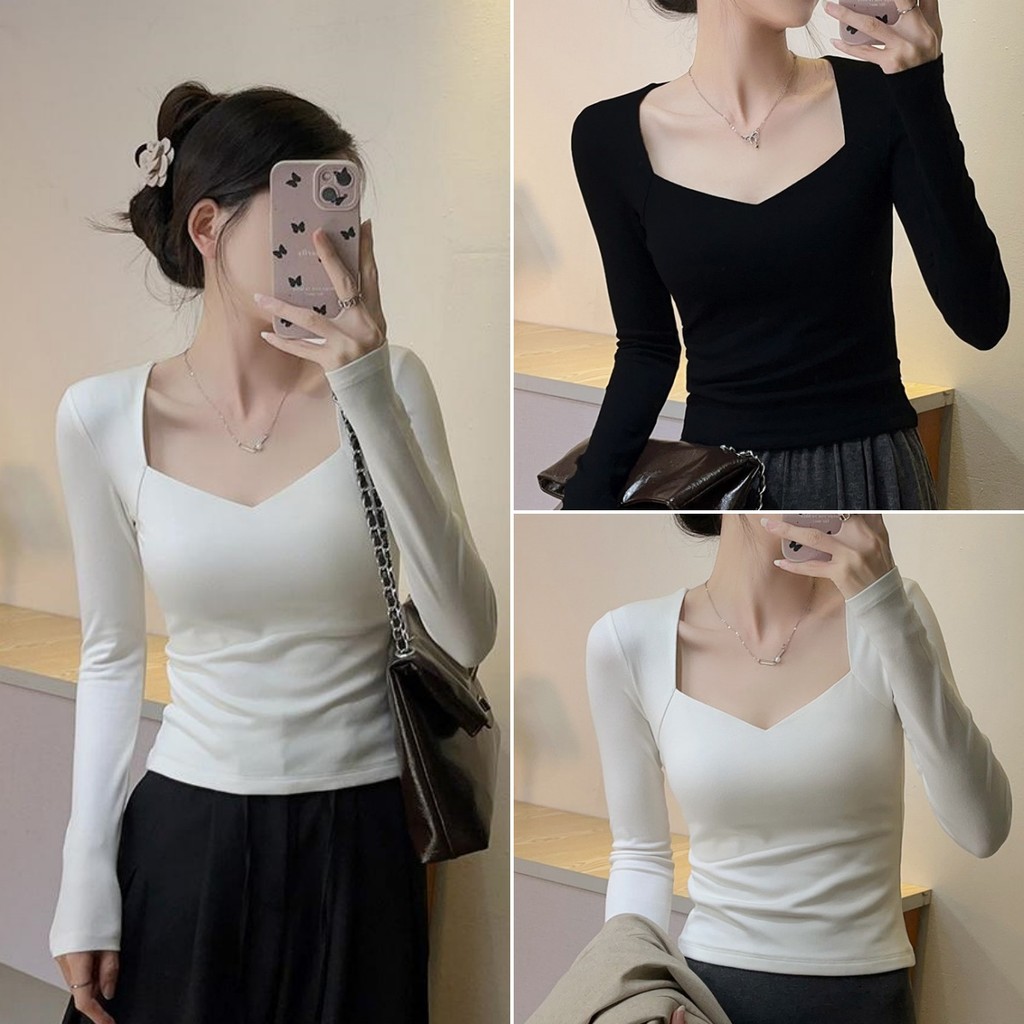 cherryshop พร้อมส่ง เสื้อยืดแขนยาวคอวีเข้ารูปสีดำสไตล์ฝรั่งเศสสุดเซ็กซี่เรียบง่ายสำหรับผู้หญิง
