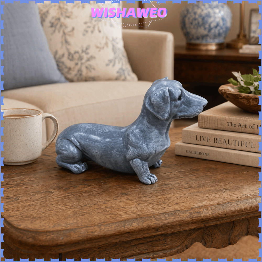 WISHAWEO สังเคราะห์เรซิ่น Dachshund ตุ๊กตา, 6.69x4.72in สีเทาสุนัขรูปเดสก์ท็อปเครื่องประดับ,สังเคราะ