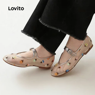 Lovito วันหยุด Mary Janes รองเท้าลําลอง ลายปักผ้าตาข่าย โทนแอปริคอต ผู้หญิง รุ่น LFA112032