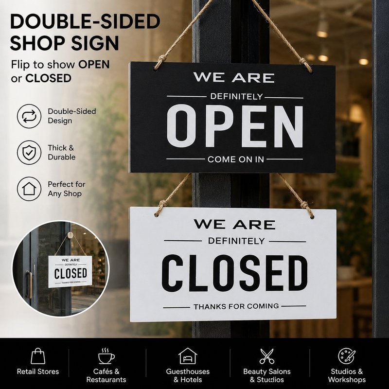 ป้ายหน้าร้านเปิดปิด ป้ายแขวน OPEN CLOSED สองหน้า แผ่นไม้แขวนง่าย ตัวอักษรมองเห็นชัด ป้ายตกแต่งร้าน ร้านกาแฟและออฟฟิศ