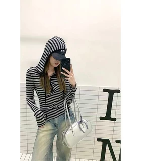 ส่งไวจากไทย 2สี เสื้อยืดลําลอง แขนยาว ลายทาง สไตล์วินเทจ สําหรับสตรี มีฮู้ด🎀Lalita