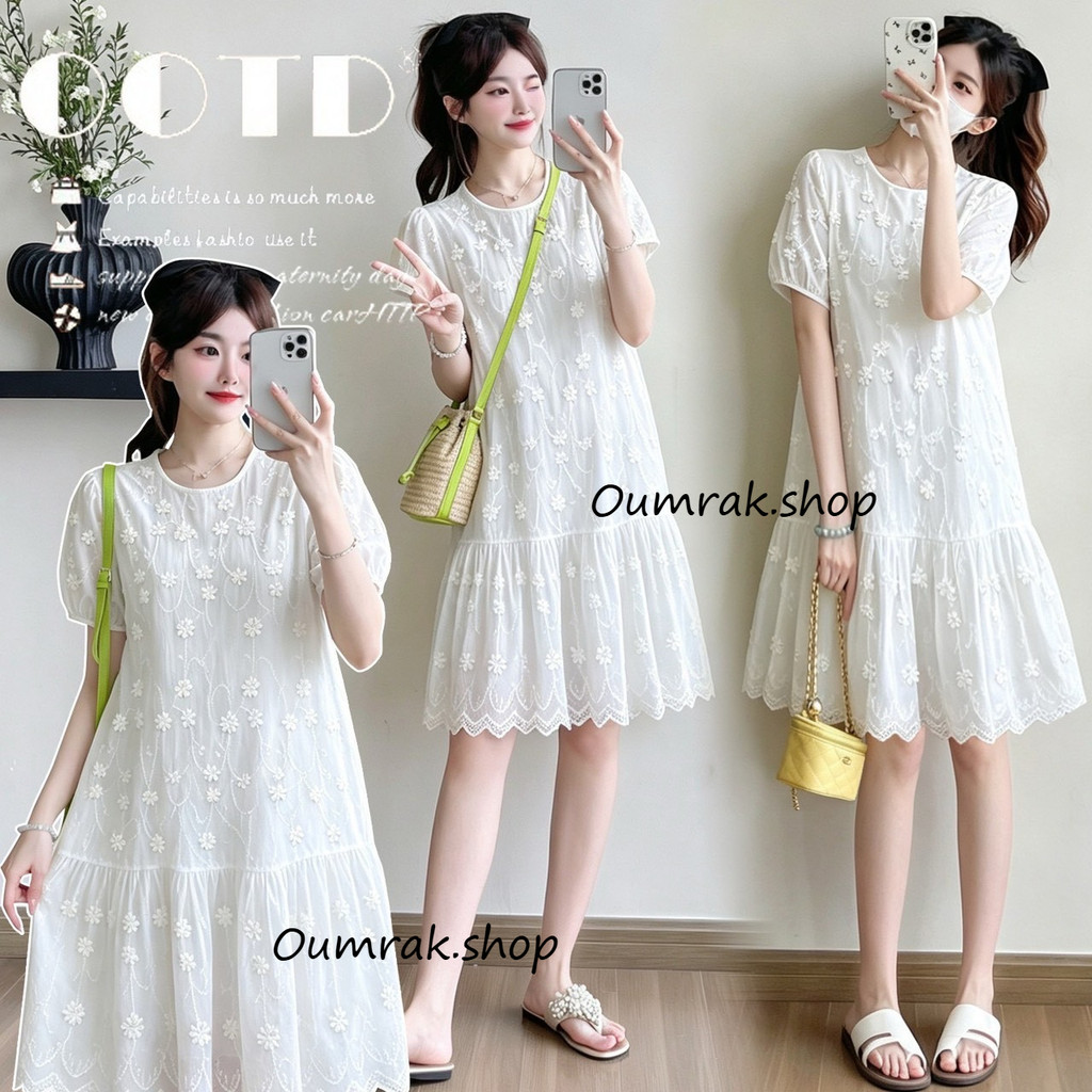 AA4757 (ส่งด่วน/ส่งทันที)  เดรสผ้าป่านฉลุ ปักดอกไม้3D มีซับใน ใส่ออกงานได้  (งานแฟชั่น)